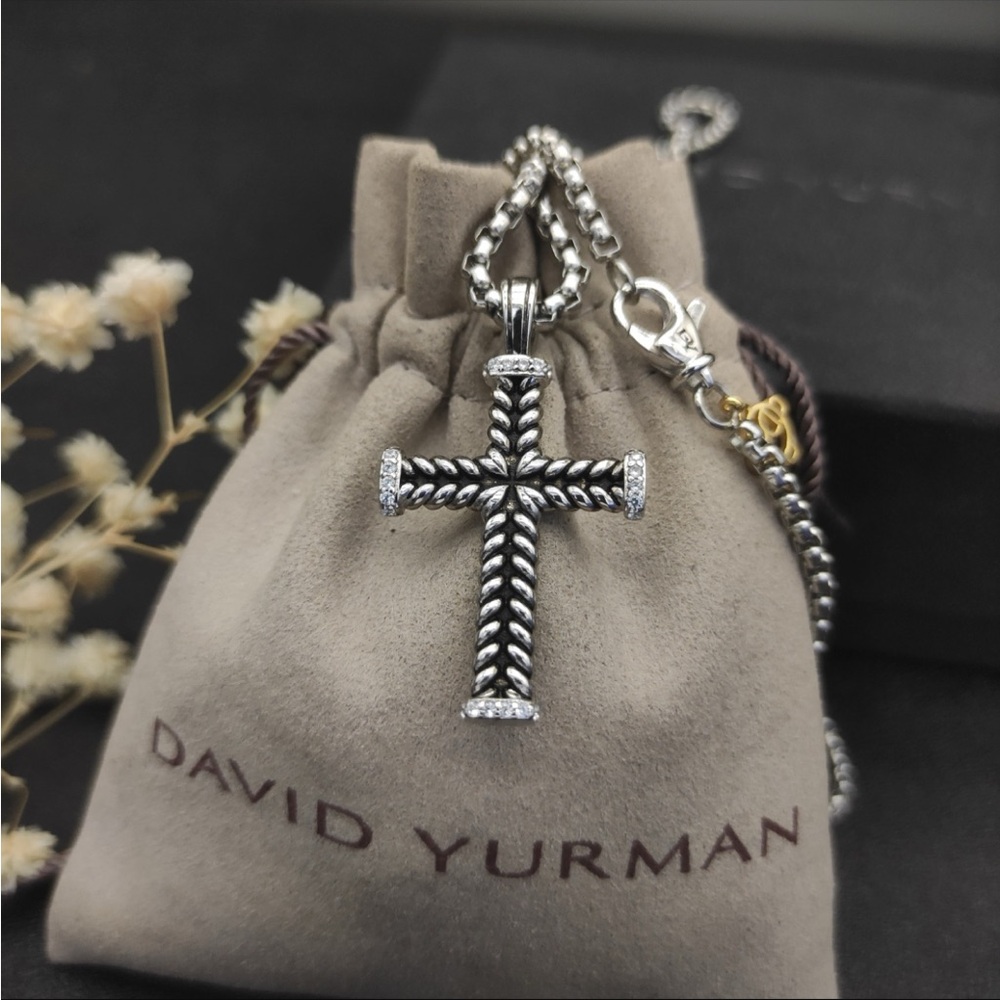 David Yurman Silver Cable Cross Pendant Necklace with Gold Accent